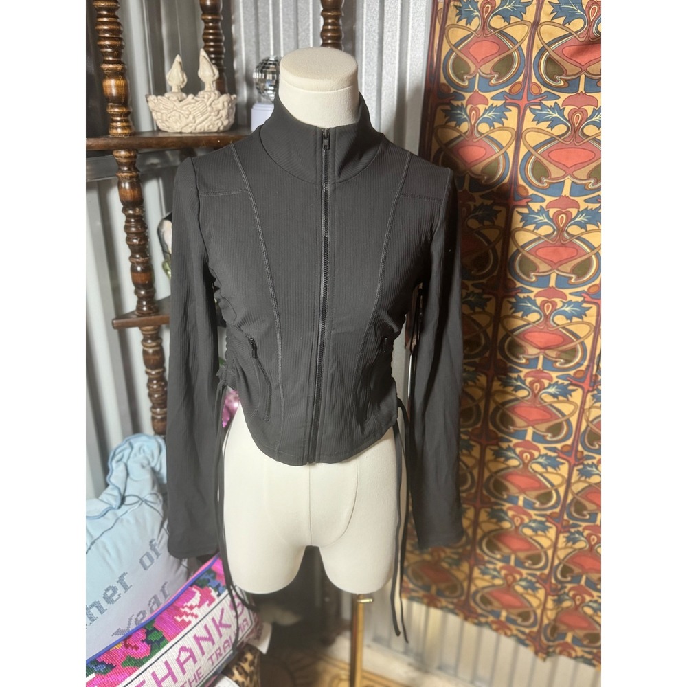 PAC 1980 Black Ribbed‎ Cropped Full Zip Jacket with Drawstring - Size S